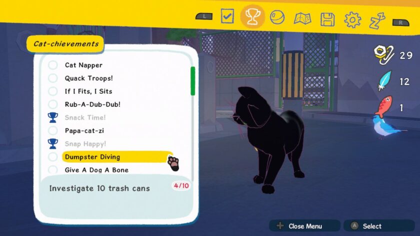 The cat-chievements menu, listing tasks like cat napper, quack troops and dumpster diving.