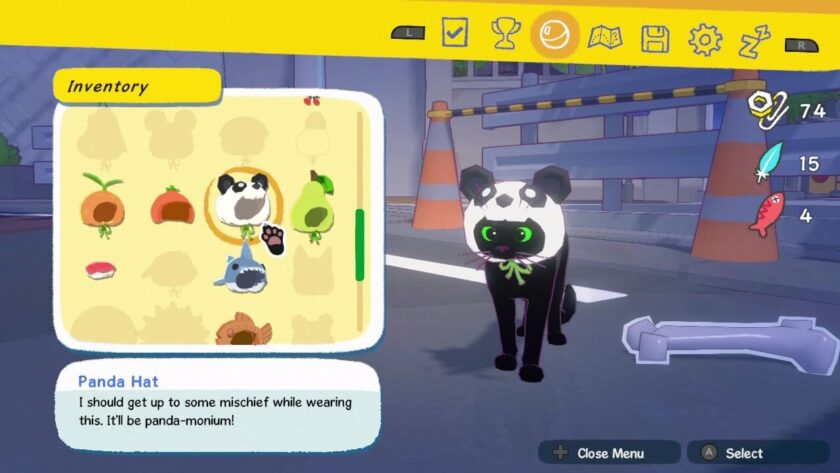 Inventory menu, with panda hat selected. The comment reads “I should get up to some mischief while wearing this. It will be panda-monium”. The little kitten is next to the selection window, wearing a hat in the shape of a panda head.