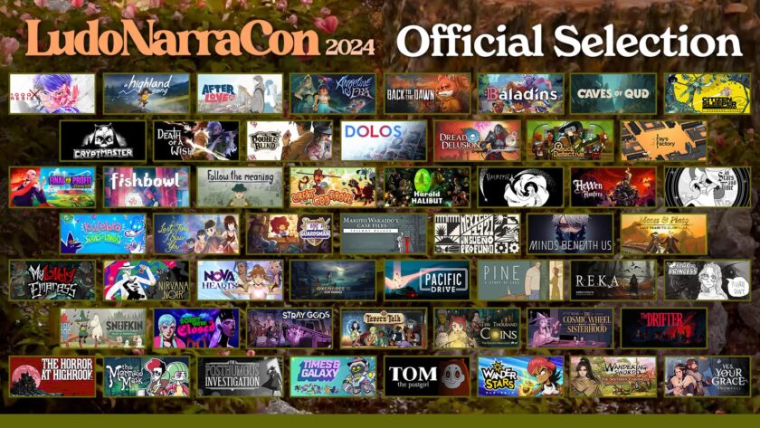 Promotional graphic for LudoNarraCon 2024 showcasing the Official Selection of video games. The image features a vibrant collage of various game thumbnails representing a wide array of genres and styles. Each thumbnail displays unique artwork from the selected games, such as illustrated characters and fantasy scenes, organized in rows against a floral background. The top of the image includes the event's logo and the words 'Official Selection' prominently displayed." Published on: LadiesGamers.