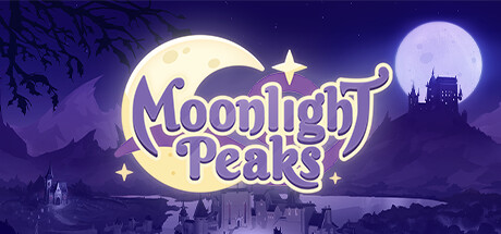 Promotional banner for Moonlight Peaks video game featuring a stylized purple and blue night sky. A large, whimsical moon illuminates the title 'Moonlight Peaks' in bold, decorative font. Below, a silhouette of a quaint village with scattered houses and a distant castle atop a hill, all under a starry sky. Published on: LadiesGamers.
