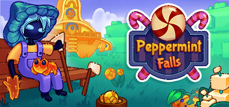 A whimsical character with a blue mushroom hat sits on a bench petting a cute, orange creature. The background features colorful, candy-themed buildings and lush greenery. A large sign with a peppermint candy and candy canes displays the title "Peppermint Falls." Published on: LadiesGamers.