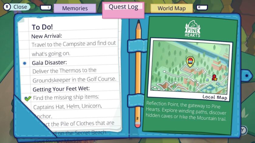 Quest Log page in the journal, with quest details on left side and a mini-map of the area on the right. The list of quests is overflowing the page.
