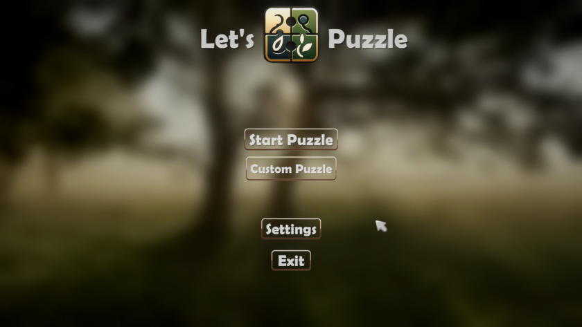 An image from the game Let's Puzzle featuring a blurred background with Let's Puzzle at the top and 4 buttons saying "Start Puzzle", "Custom Puzzle", "Settings" and "Exit."