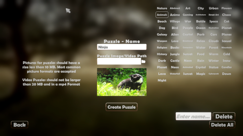 An image from Let's Puzzle showing the create a puzzle screen. The image shows a text box with "Ninja" in it and the box underneath shows a place to browse your computer for a photo. On the right are various categories that you can tag your photo with to make it easy to find the puzzle amongst the list. The photo underneath the second text box shows a black and white cat surrounded by bubbles amongst a grassy backdrop.