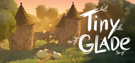 Promotional artwork for the video game Tiny Glade featuring a serene glade at sunset. Two sheep lie peacefully in the foreground, surrounded by lush greenery. In the background, ancient stone towers with conical roofs are partially lit by the warm golden light of the setting sun. Above, the game's title "Tiny Glade" is elegantly written in a whimsical white font, embellished with leaf motifs. Published on: LadiesGamers.