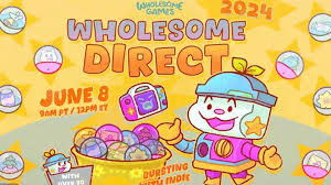 Promotional banner for Wholesome Direct 2024, featuring a vibrant cartoon style. The center showcases a happy astronaut character with a white and yellow space suit, holding a pink suitcase with a star emblem. Surrounding elements include colorful gumball machines filled with game cartridges, and text announcing the event date as June 8, 9 AM PT / 12 PM ET. The background is a cheerful yellow with floating stars and heart-shaped planets." Published on: LadiesGamers.