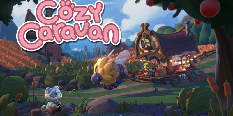 A whimsical screenshot of Cozy Caravan. We see a caravan drawn by a bee, travelling a colourful and cosy world. Published on LadiesGamers
