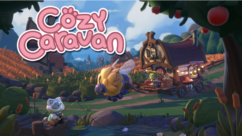 A whimsical screenshot of Cozy Caravan. We see a caravan drawn by a bee, travelling a colourful and cosy world