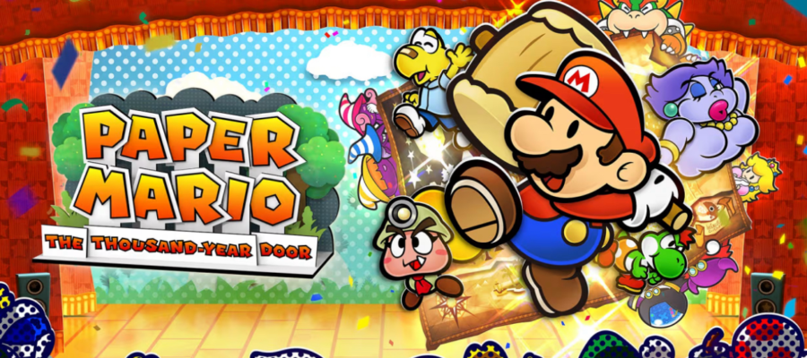 Paper Mario: The Thousand-Year Door. Cover art for "Paper Mario: The Thousand-Year Door" featuring Mario holding a hammer in a dynamic pose. Surrounding him are various characters from the game, including a Goomba, Koopa, Yoshi, and others, with Bowser and Princess Peach in the background. The scene is set on a colourful, stage-like backdrop.