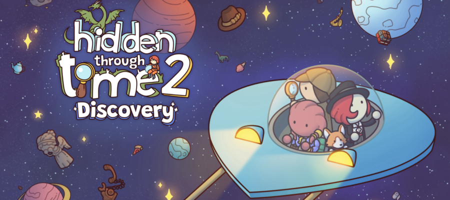 A whimsical, colourful illustration from "Hidden Through Time 2: Discovery" shows a cartoon spaceship with a detective, a red-haired person, an octopus, and a corgi inside. They float through a starry sky filled with planets and various objects. The game's title is prominently displayed in the centre.