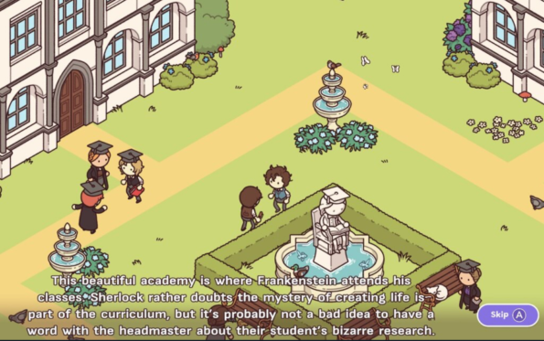 A cartoon scene from "Hidden Through Time 2: Discovery" depicting an academy courtyard with a fountain and statues. Graduates in caps and gowns are walking and talking. A dialogue at the bottom reads, "This beautiful academy is where Frankenstein attends his classes. Sherlock rather doubts the mystery of creating life is part of the curriculum, but it's probably not a bad idea to have a word with the headmaster about their student's bizarre research." 