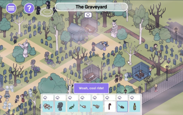 A detailed, cartoon-style image from "Hidden Through Time 2: Discovery" depicting a graveyard scene. The scene is filled with tombstones, mausoleums, and various characters engaging in different activities, including mourning and exploring. The interface at the bottom shows icons of objects to be found, with a message bubble reading "Woah, cool ride!"