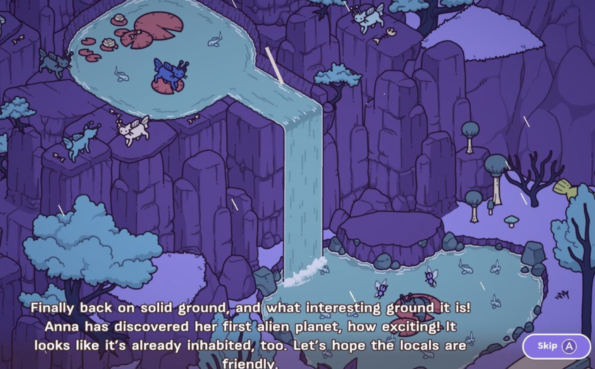 A colourful, cartoon-style scene from "Hidden Through Time 2: Discovery" featuring an alien landscape with waterfalls, strange creatures, and large lily pads. The text at the bottom reads, "Finally back on solid ground, and what interesting ground it is! Anna has discovered her first alien planet, how exciting! It looks like it's already inhabited, too. Let's hope the locals are friendly." The interface includes a "Skip" button on the bottom right.