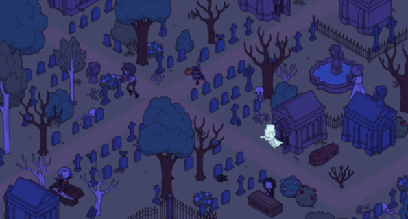A nighttime scene from "Hidden Through Time 2: Discovery" featuring a graveyard illuminated in blue hues. The area is filled with tombstones, mausoleums, and trees. Various characters, including skeletons, a ghostly figure, and a person dressed in a vampire costume, are scattered throughout the scene. 
