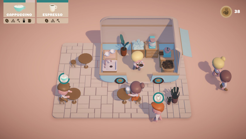A day in action in Coffee Caravan, with patrons drinking.