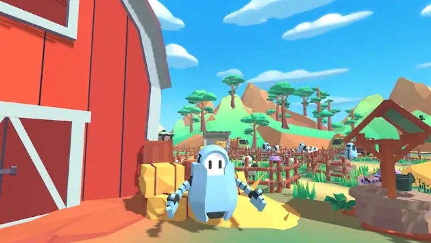 A sturdy blue robot shaped like an eggplant, with a white face, in front of a red barn.