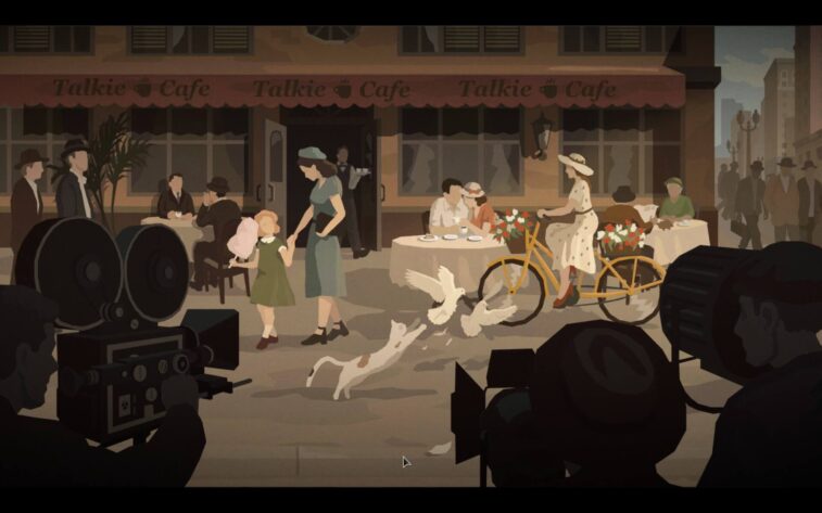 Hollywood Animal In front of a cafe, a woman with a child, pigeons, a woman on a bicycle, camera outlines