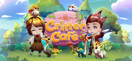 Two adorable characters, a girl and a boy, stand cheerfully in front of a large pink sign that reads "Critter Cafe." They are surrounded by various cute and colorful animals, including a small dragon, a rabbit, and a bird. The background features a vibrant, whimsical landscape with trees and hills under a bright sky. Published on: LadiesGamers.
