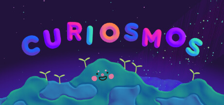 The title screen of Curiosmos features colorful, bubble-like letters spelling out the game's name against a dark starry sky. Below, a smiling, cartoonish hill with small sprouting plants adds a whimsical touch to the scene. Published on: LadiesGamers.