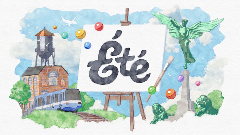 A whimsical watercolor-style illustration featuring the title "Été" on a canvas set on an easel. Surrounding the canvas are various elements: a train, a water tower, a statue of an angel with wings, and several colorful orbs floating in the sky. The scene exudes a sense of artistic creativity and adventure. Published on: LadiesGamers.