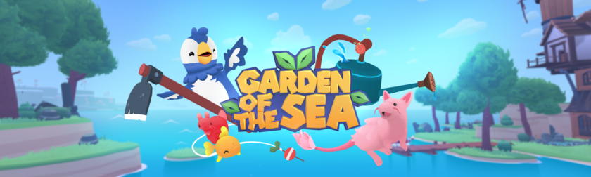 The image features the title screen for the video game Garden of the Sea. In the center, the game's title is prominently displayed with colorful and playful lettering. Surrounding the title are whimsical characters, including a blue bird holding a spade and a pink creature holding a watering can. The background showcases a serene coastal landscape with lush greenery, calm water, and a quaint house on stilts. The overall scene exudes a cheerful and inviting atmosphere. Published on: LadiesGamers.