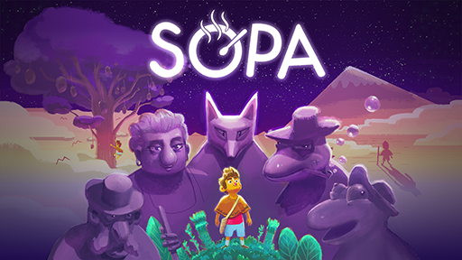 The cover image of Sopa features a young character standing on a small patch of green land, surrounded by a group of mystical, humanoid figures, including a fox-like creature, an elderly woman, and several other unique characters. The background displays a surreal, dreamy landscape with a mountain and floating bubbles under a starry night sky. The title "Sopa" is prominently displayed at the top, with steam rising from the letter "O," suggesting a bowl of soup. Published on: LadiesGamers.