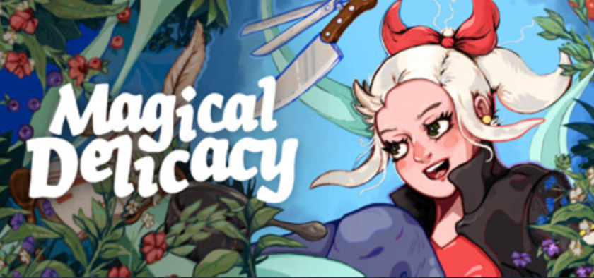 Cover art for the game Magical Delicacy featuring a cheerful character with white hair tied in a red bow. She is surrounded by vibrant, leafy plants and flowers, holding kitchen knives. Published on: LadiesGamers.