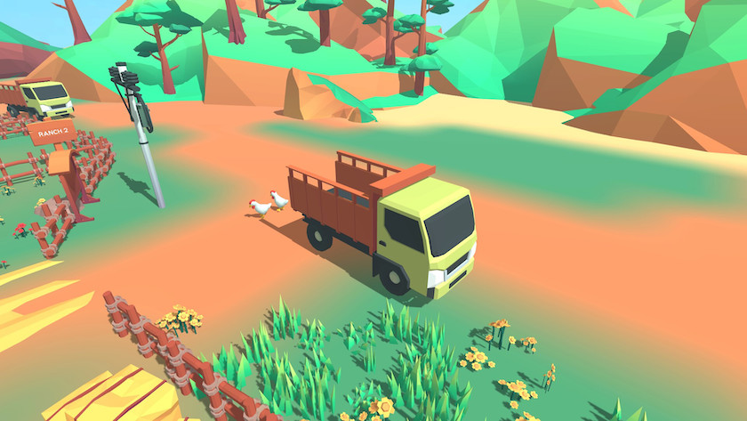 Refactoro: Chaotic Farm, A plain brown and green truck driving through Refactoro's sparse farm.