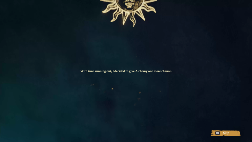 An image from The Last Alchemist which shows a black background and half of a sun in golden yellow in the top middle. In the middle of the image is text which says "With time running out, I decided to give Alchemy one more chance."
