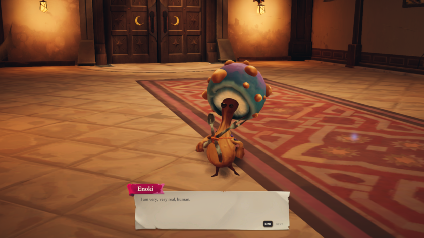 An image from The Last Alchemist showing a creature shaped like a mushroom greeting the Apprentice.