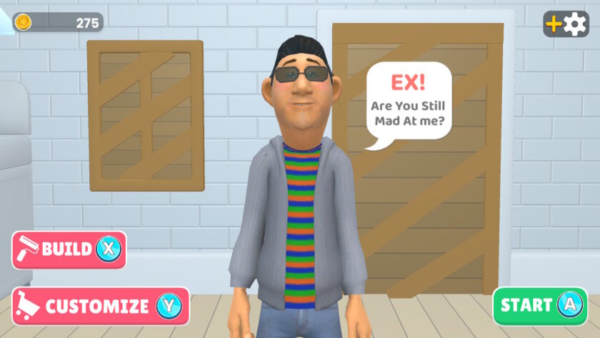 An image from Lunch Box Ready showing a male character in a room with a door behind him. He has a speech bubble that says "EX! Are you still mad at me?"