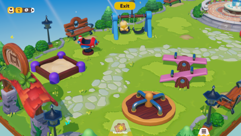 An image from Weyrdlets showing a playground featuring swings, a sand pit, roundabout and a see-saw.