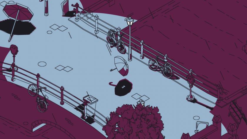 An image from SCHiM with a dark maroon and light blue, almost white colour palette. The image shows an umbrella and its shadow in the middle of the scene, as well as fences and trees to the side.