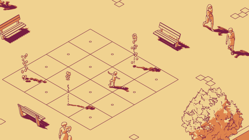 An image from SCHiM with an orange colour palette showing a bench and some fountains.