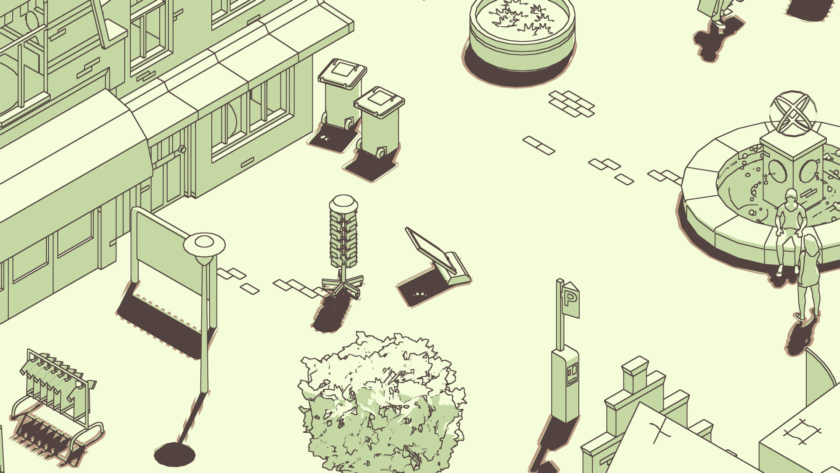 An image from SCHiM with a pale yellow colour palette showing some bins and a sign, ready for our shadow to spring off of to propel themselves further.