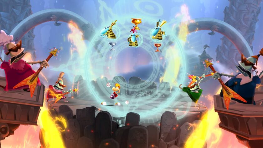 Rayman surrounded by four bass guitarists.