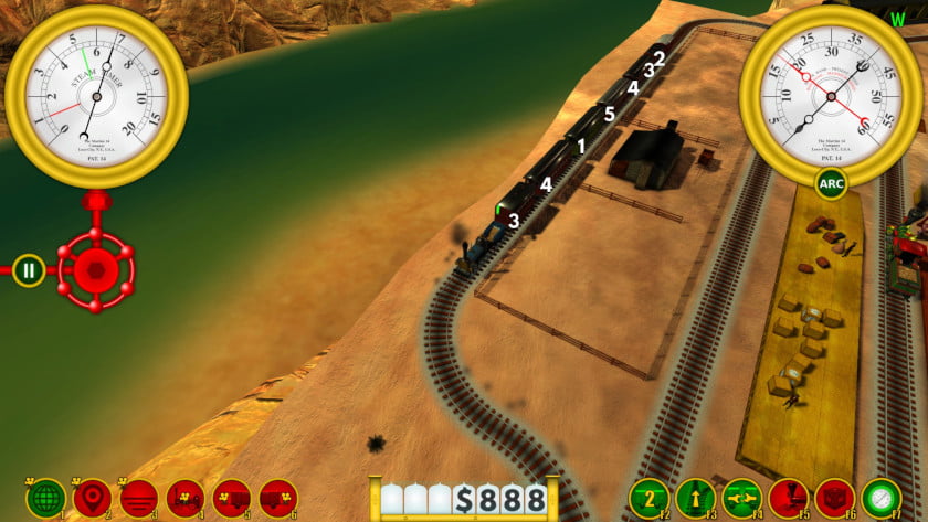A train moves along some tracks in a level.