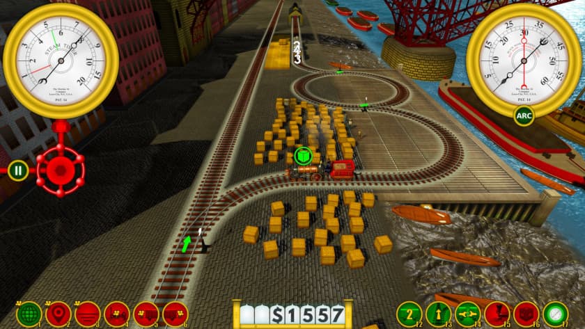 A train along tracks sits next to a box that is highlighted with a bright green cube.