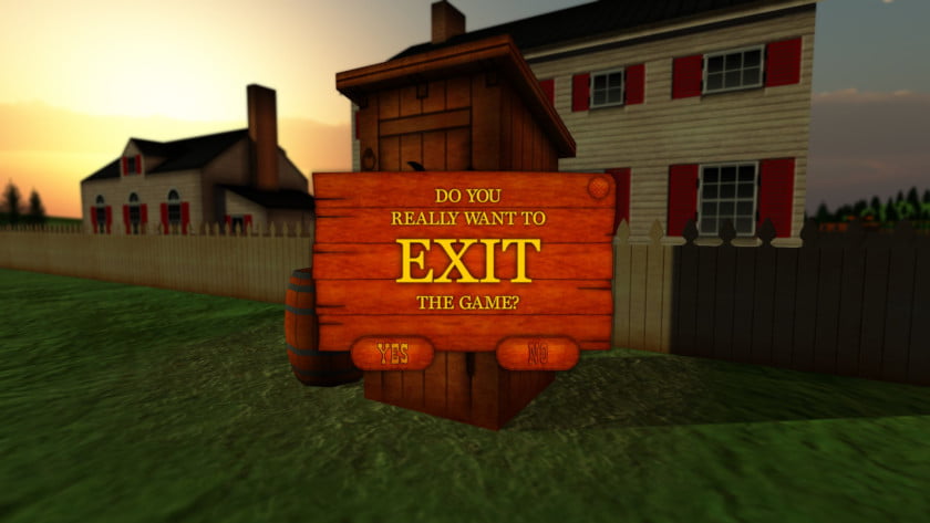 The exit menu is in front of an old-time outhouse.