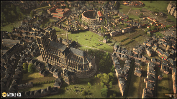 A detailed aerial view of a medieval city in Memoriapolis, showcasing a grand cathedral surrounded by tightly packed buildings. In the background, a large amphitheater is visible, along with various structures and greenery, highlighting the intricate design and historical architecture of the city. Published on: LadiesGamers