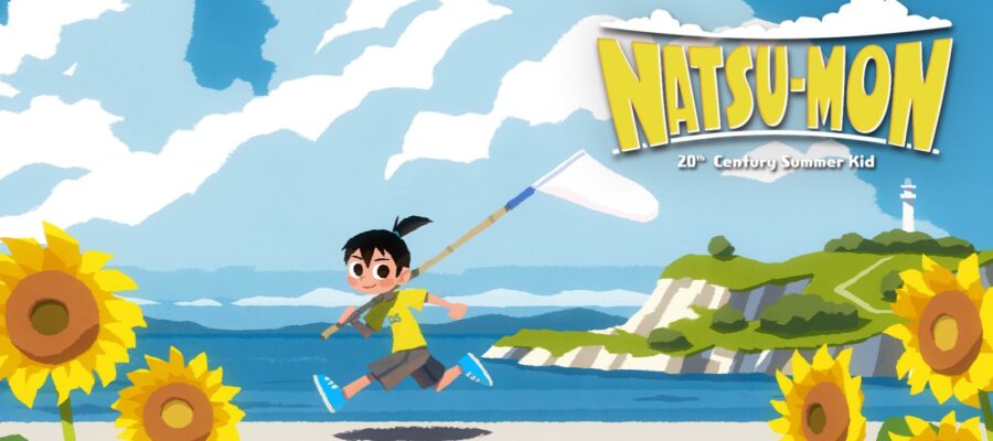 A cheerful scene from Natsu-Mon: 20th Century Summer Kid features a young boy with a net running joyfully along a coastal path. Bright sunflowers flank the foreground while a scenic ocean and a distant lighthouse enhance the idyllic summer atmosphere. Published on: LadiesGamers.