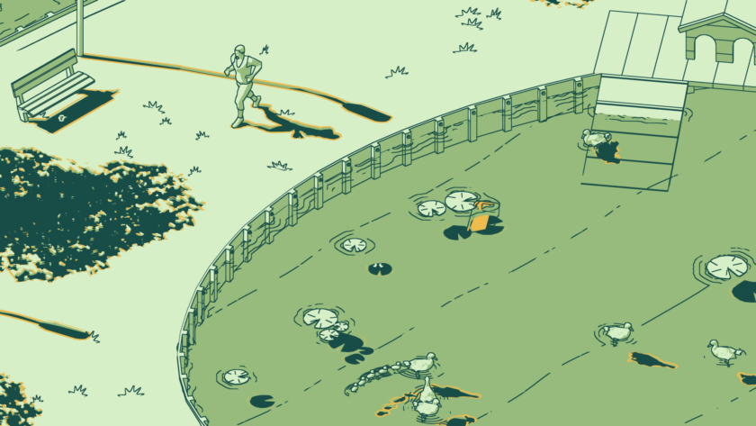 An image from SCHiM showing a scene of a park. The art is in a line drawing style and the colour palette is green. It shows a grassy area and someone running.