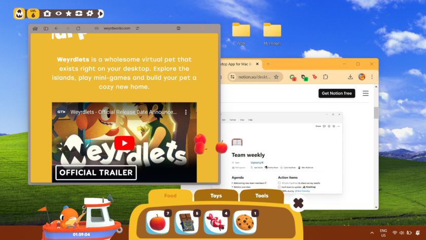 An image from Weyrdlets showing the creature in a boat on the desktop fishing