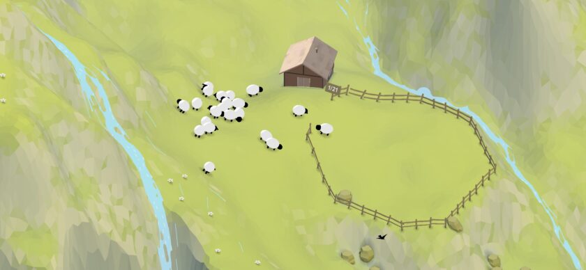 A small flock of sheep graze near a quaint wooden barn on a lush green hillside, enclosed by a wooden fence and bordered by flowing streams. Published on: LadiesGamers