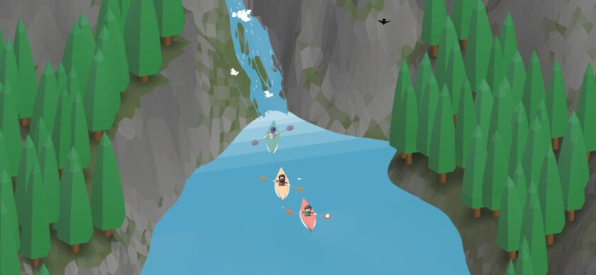 Two kayakers paddle down a serene river with a waterfall cascading from a mountain surrounded by tall green trees. Published on: LadiesGamers