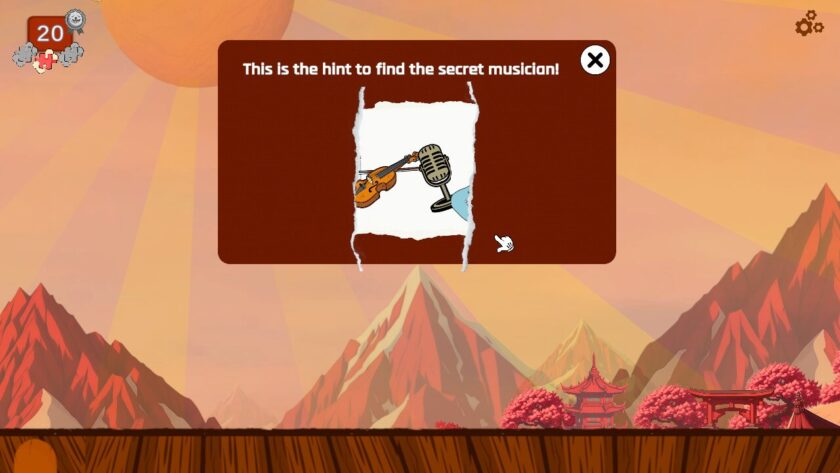 “This is the hint to find the secret musician!” is displayed above the second clue, which is a picture of a violin and microphone. There is a space before and after for the first and third clues.