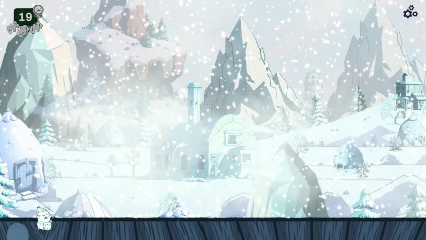 Single dog playing drums on the stage, with a vista of snow covered mountains and white houses.