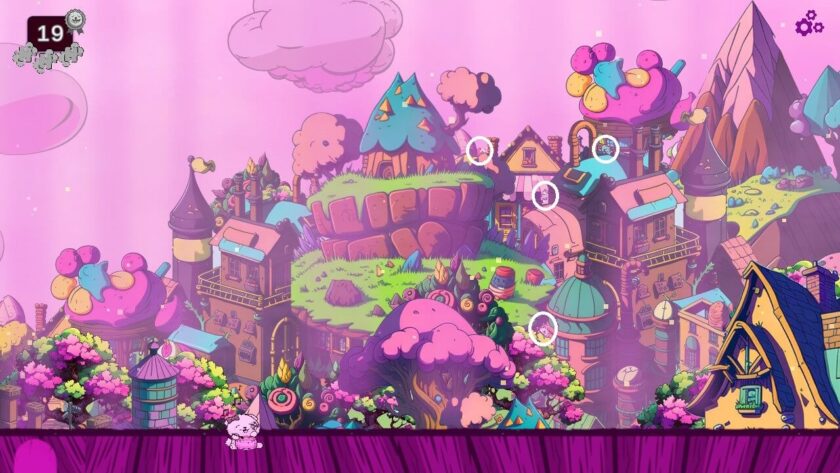 Copy of the fantasy houses with pink hue trees and lilac sky image, with 4 white circles highlighting the hidden objects.