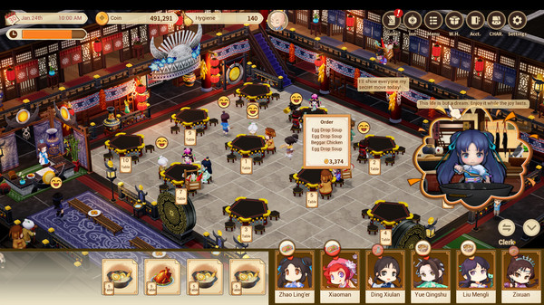 A vibrant, busy restaurant scene from Sword and Fairy Inn 2. The restaurant is filled with round tables, various patrons, and staff members. The top of the screen displays resources like coin and hygiene. A character named Zhao Ling'er is shown in a dialogue bubble with a customer order listed in a pop-up box. The bottom of the screen displays the player's team of characters with their portraits and status. The ambiance is lively with traditional decor and a bustling atmosphere. Published on: LadiesGamers.