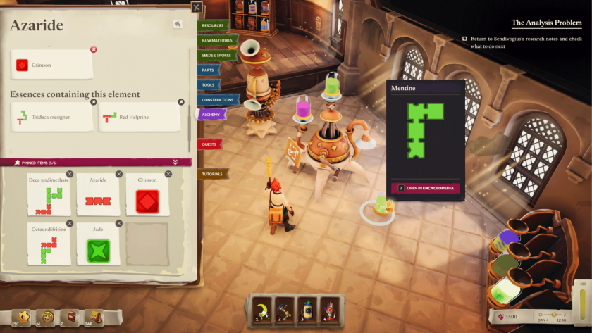 An image from The Last Alchemist showing a scene with machines and an encyclopaedia entry displaying information about essence.